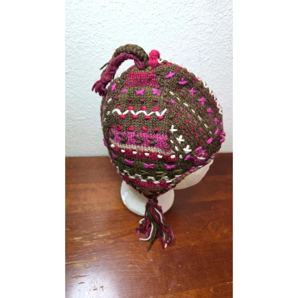 Newari Icelandic Hand-Knit Nepal Wool Small Earflap Hat Brown Pink Patterns